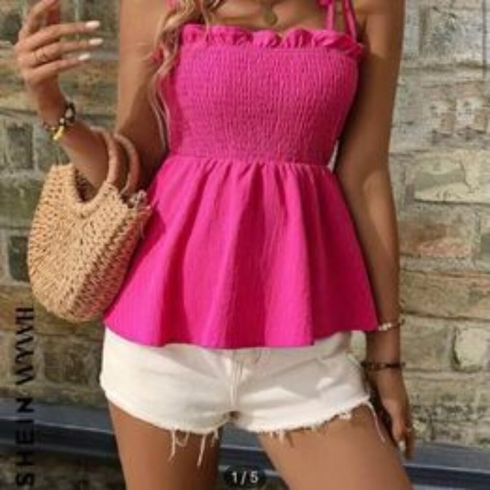 Pink Tie Shoulder Frill Trim Top, size 12